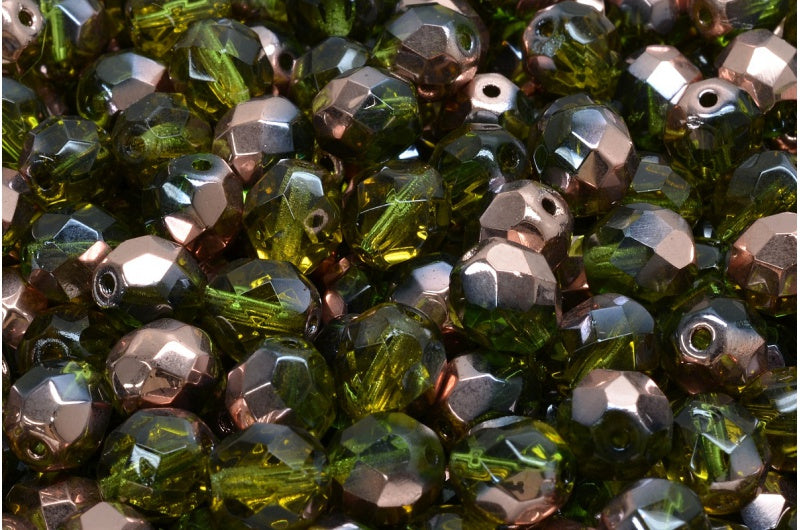 Fire Polished Faceted Beads Round, Transparent Green Rose Gold Capri (50230-27101), Bohemia Crystal Glass, Czech Republic