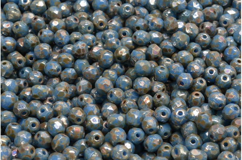 ファイアポリッシュファセットビーズラウンド、不透明ブルーピカソ(33100-43400)、ボヘミアクリスタルガラス、チェコ共和国