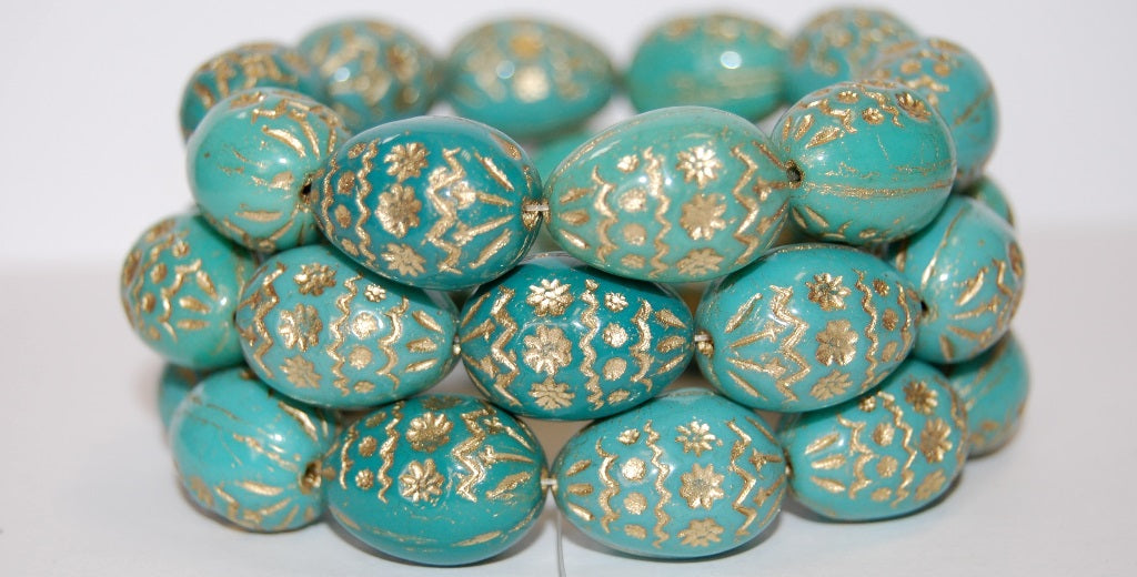 Oval Egg With Decor Pressed Glass Beads, Mixed Colors Turq 54202 (Mix Turq 54202), Glass, Czech Republic