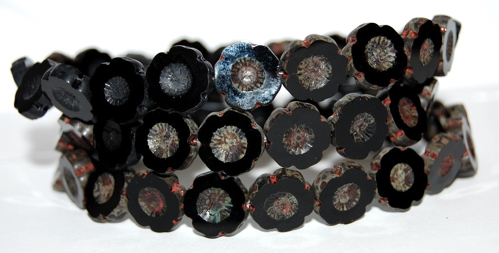 Table Cut Round Beads Hawaii Flowers,Black Travertin (23980-86800), Glass, Czech Republic