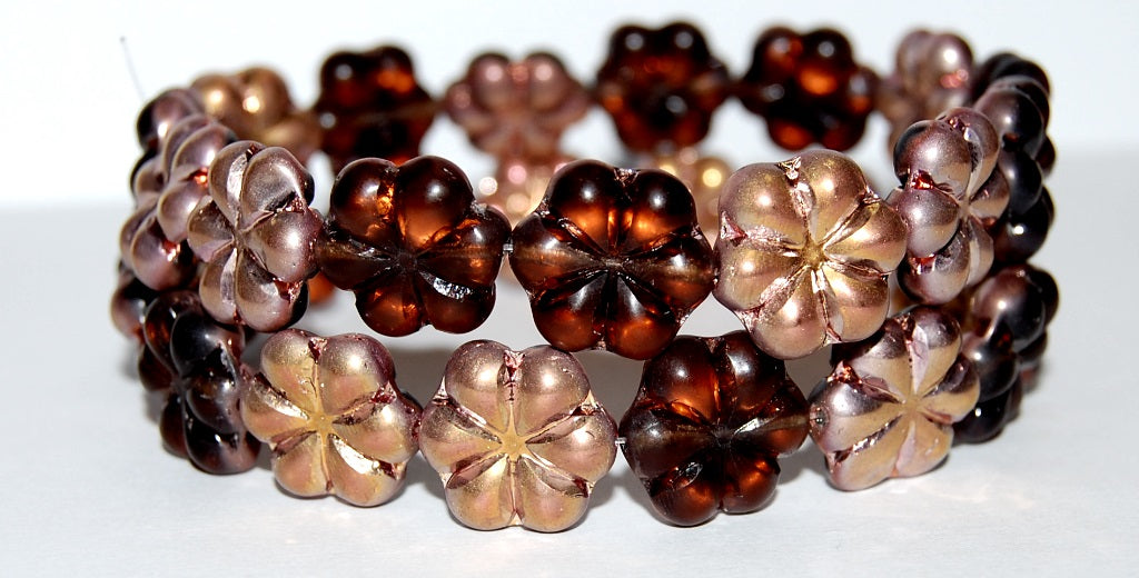 6-Petal Flower Pressed Glass Beads, Transparent Brown Rose Gold Capri (10210-27101), Glass, Czech Republic