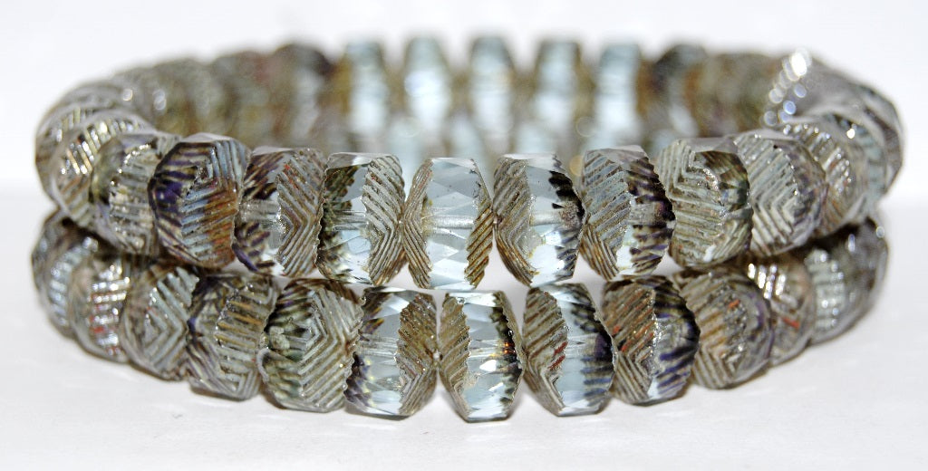 Faceted Cathedral Fire Polished Glass Beads, Transparent Blue Picasso (30010-43400), Glass, Czech Republic