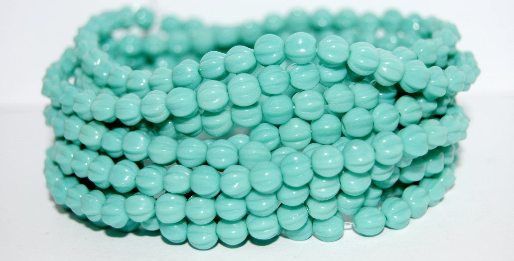 Melon Round Pressed Glass Beads With Stripes, Turquoise (63130), Glass, Czech Republic