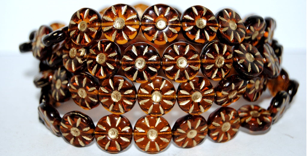 Flower Pressed Glass Beads, Transparent Orange Gold Lined (10080-54202), Glass, Czech Republic