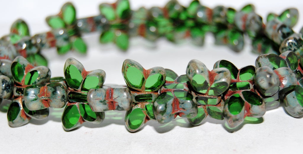 Table Cut Butterfly Beads, Transparent Green Picasso (50130-43400), Glass, Czech Republic