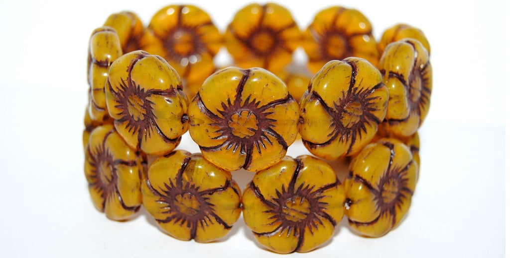 6-Petal Flower Pressed Glass Beads, Opal Yellow Brown Lined (81210-46410), Glass, Czech Republic