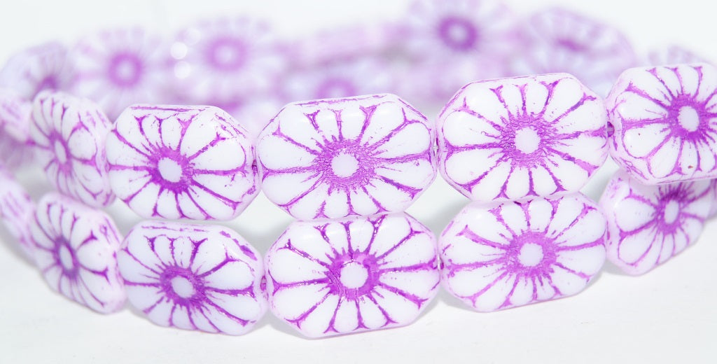 Rounded Rectangle With Flower Pressed Glass Beads, White Purple Lined (02010-46420), Glass, Czech Republic