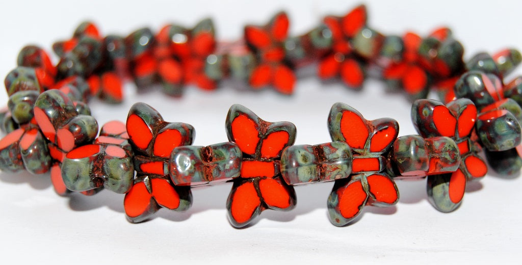 Table Cut Butterfly Beads, Deep Orange Travertin (93140-86800), Glass, Czech Republic