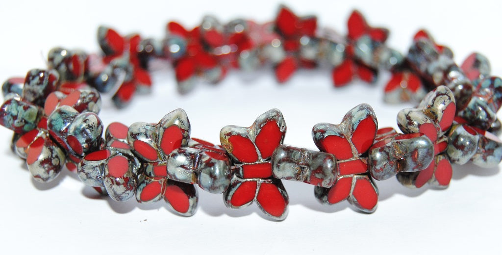 Table Cut Butterfly Beads, Opaque Red Picasso (93200-43400), Glass, Czech Republic