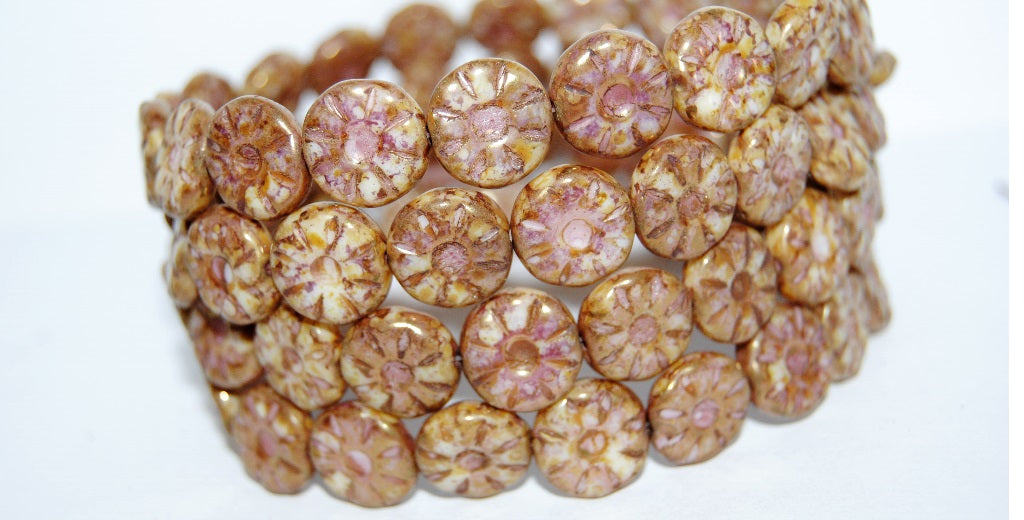 Flower Pressed Glass Beads, White Senegal Violet (02010-15695), Glass, Czech Republic