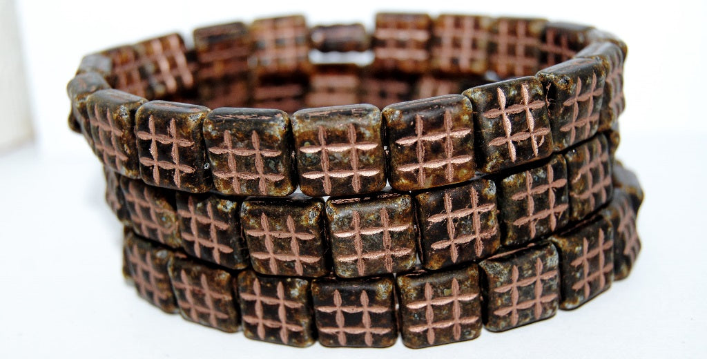 Square With 9 Squares Pressed Glass Beads, Mixed Colors Topaz Travertin 54200M (mix-topaz-86800-54200M), Glass, Czech Republic