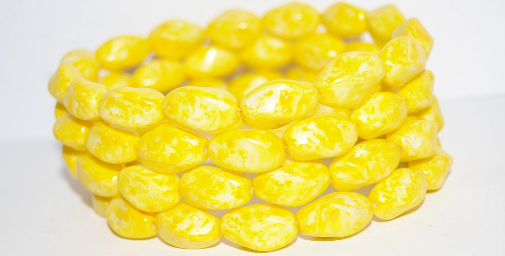 Twisted Oval Pressed Glass Beads, Chalk White Lava Glass Yellow (03000-LAVA-GLASS-YELLOW), Glass, Czech Republic