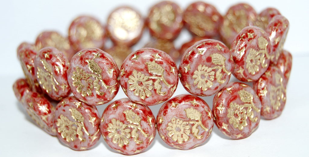 Round Flat With Flower Marguerite Pressed Glass Beads, Chalk White Lava Glass Red Gold Lined (03000-LAVA-GLASS-RED-54202), Glass, Czech Republic