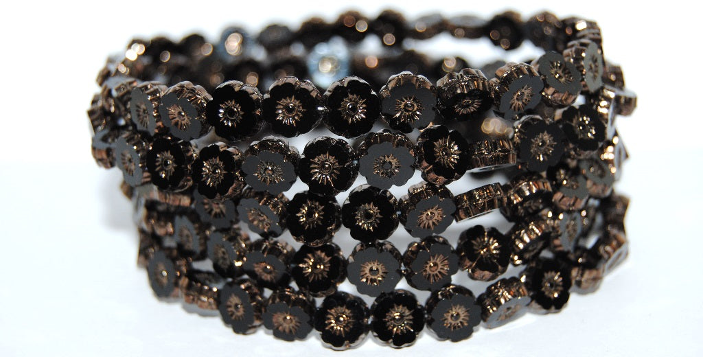 Table Cut Round Beads Hawaii Flowers, Black Bronze (23980-14415), Glass, Czech Republic