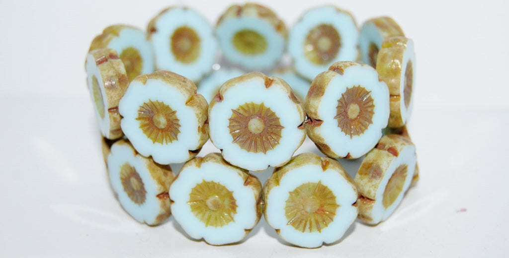 Table Cut Round Beads Hawaii Flowers, Blue Travertine (63010-86801), Glass, Czech Republic