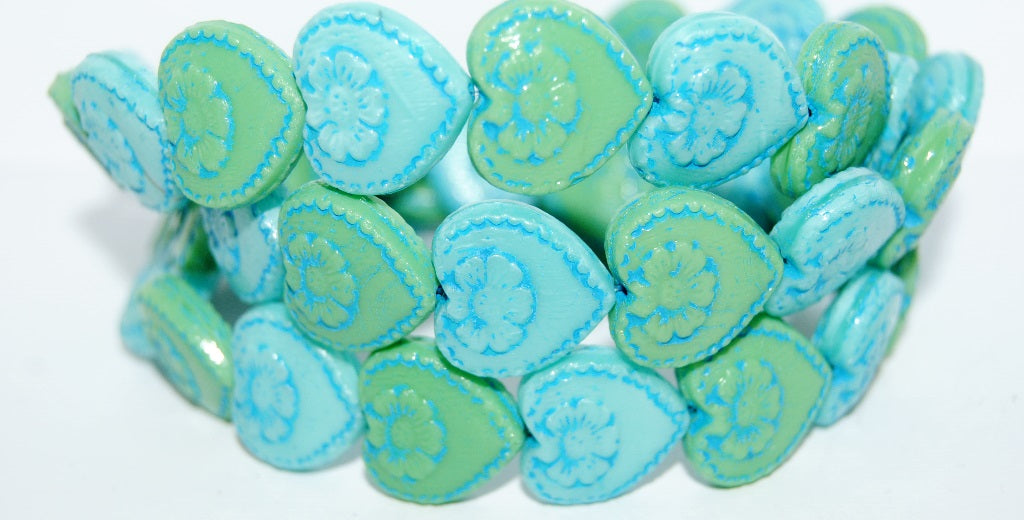 Heart With Flower Pressed Glass Beads, Mixed Colors Gb Light Blue Lined (MIX-GB-46460), Glass, Czech Republic