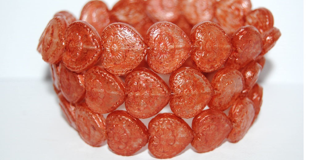 Heart With Flower Pressed Glass Beads, Lava Glass 43621 (LAVA-GLASS-43621), Glass, Czech Republic