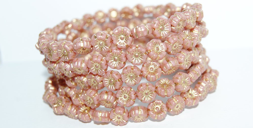 Hawaii Flower Pressed Glass Beads, Opaque Pink Gold Lined (74020-54202), Glass, Czech Republic