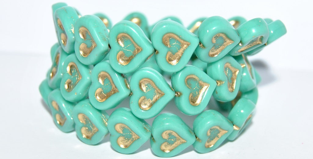 Heart With Heart Pressed Glass Beads, Turquoise 54202 (63130 54202), Glass, Czech Republic