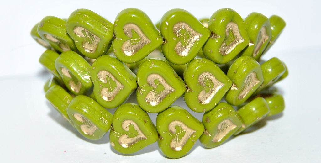 Heart With Heart Pressed Glass Beads, Green 54202 (53420 54202), Glass, Czech Republic
