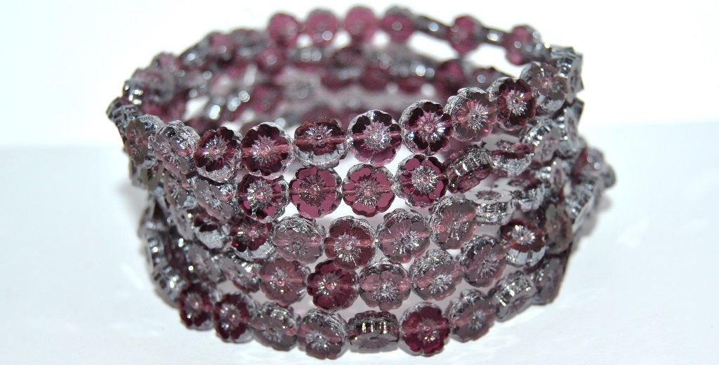 Table Cut Round Beads Hawaii Flowers, Transparent Amethyst Hematite (20060 14400), Glass, Czech Republic