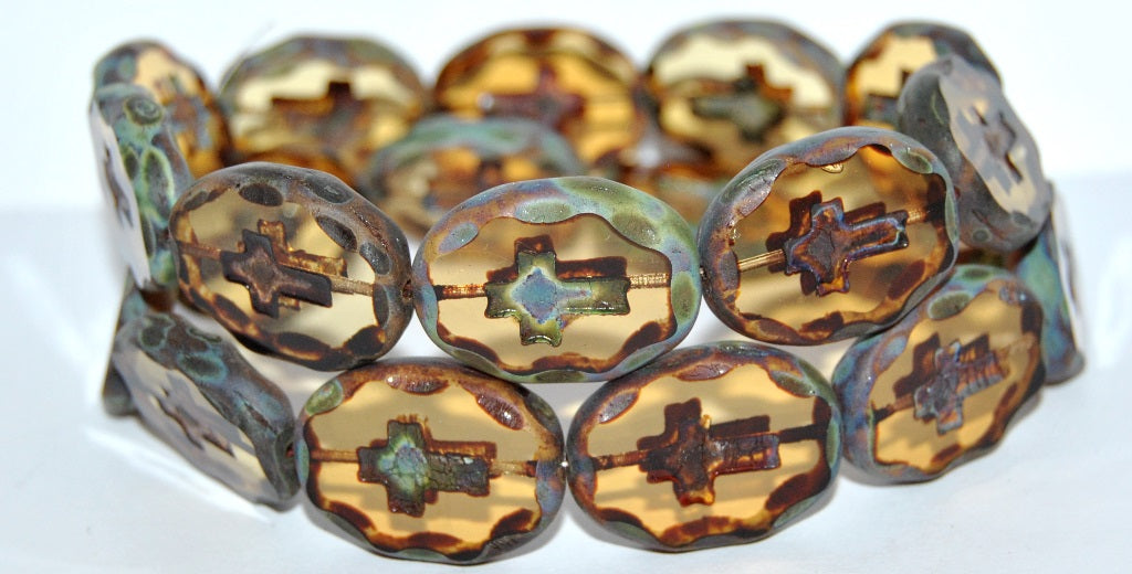 Table Cut Oval Beads With Cross, 10020 Travertin (10020 86800), Glass, Czech Republic