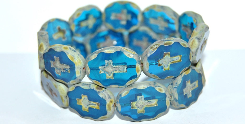 Table Cut Oval Beads With Cross, Transparent Aqua Travertin Matte (60050 86800 M), Glass, Czech Republic