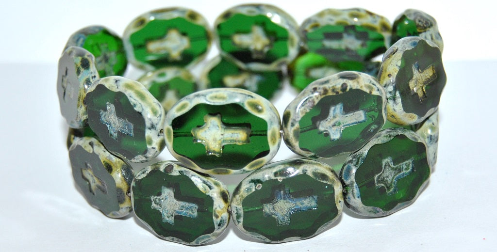 Table Cut Oval Beads With Cross, Transparent Green Emerald Stain Strong (50150 86805), Glass, Czech Republic