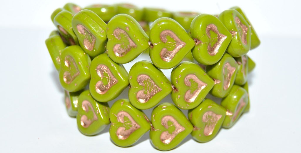 Heart With Heart Pressed Glass Beads, Opaque Green 54200 (53400 54200), Glass, Czech Republic