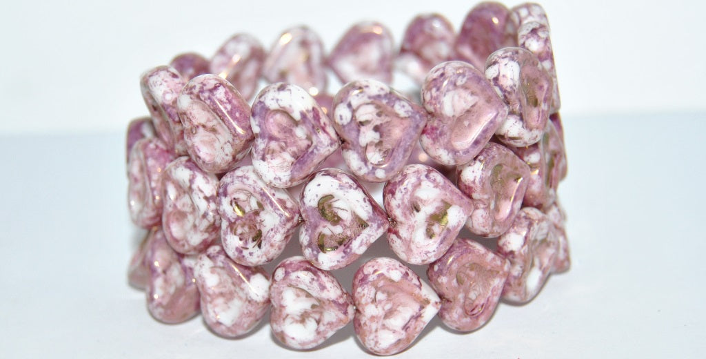 Heart With Heart Pressed Glass Beads, White Terracotta Violet (2010 15496), Glass, Czech Republic