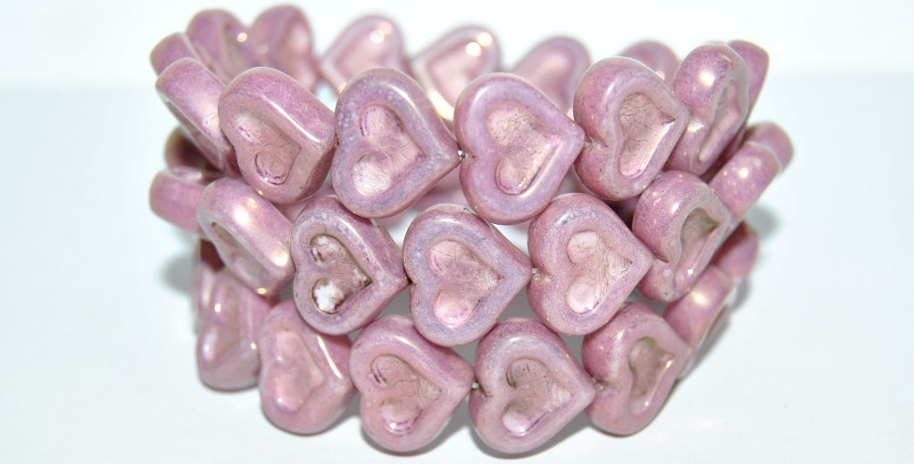 Heart With Heart Pressed Glass Beads, White Luster Violet Full Coated (2010 14496), Glass, Czech Republic