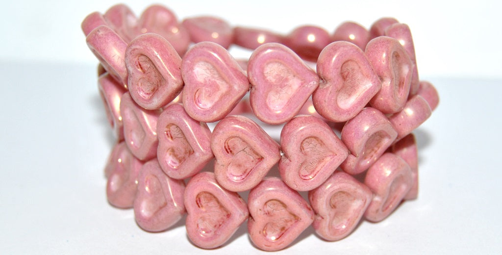 Heart With Heart Pressed Glass Beads, White Luster Red Full Coated (2010 14495), Glass, Czech Republic