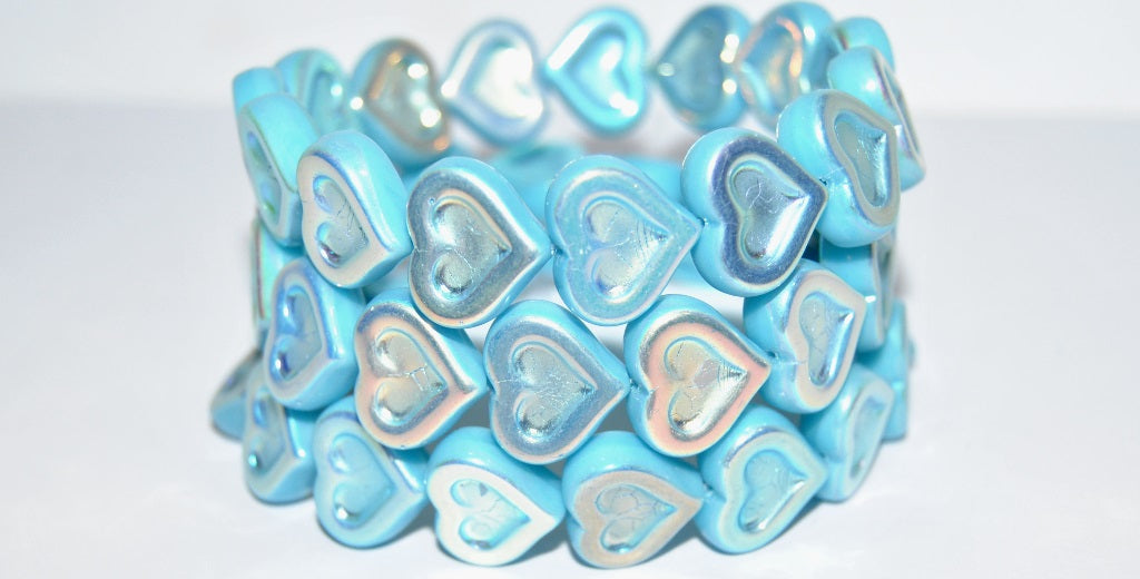 Heart With Heart Pressed Glass Beads, Turquoise Blue Ab 2Xside (63030 Ab 2Xside), Glass, Czech Republic