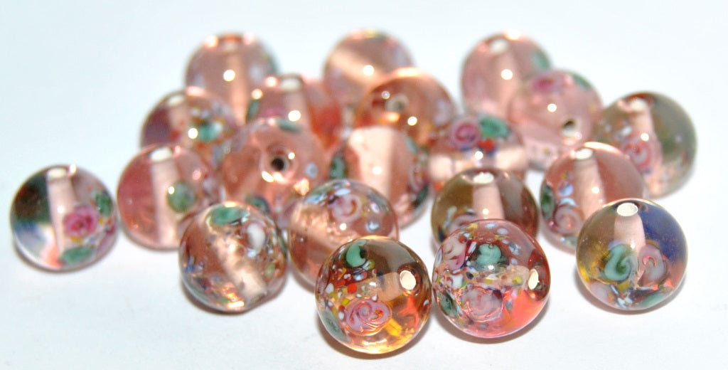 Czech Glass Hand Made Round Lampwork Beads With Flower, (A), Glass, Czech Republic