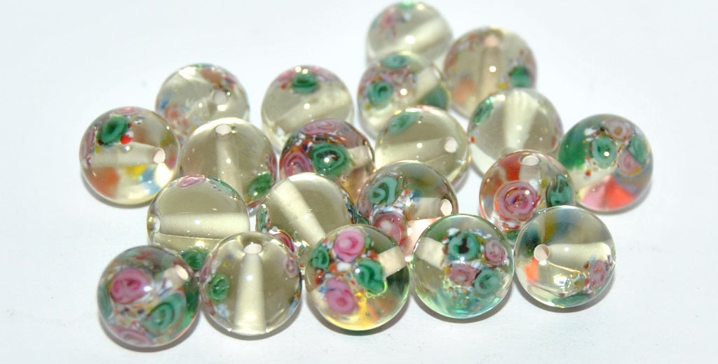 Czech Glass Hand Made Round Lampwork Beads With Flower, (C), Glass, Czech Republic