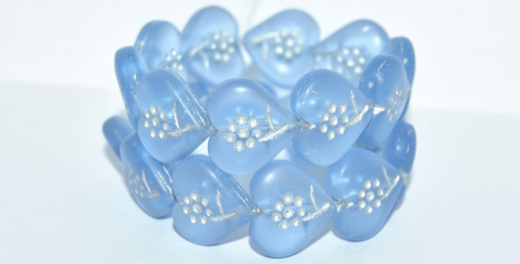 Heart With Simple Flower Pressed Glass Beads, Transparent Blue 54201M (30020 54201M), Glass, Czech Republic