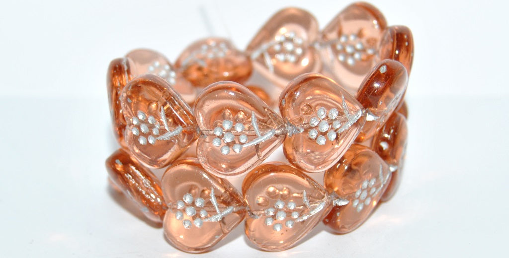 Heart With Simple Flower Pressed Glass Beads, Transparent Pink 54201 (70110 54201), Glass, Czech Republic
