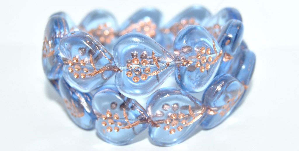 Heart With Simple Flower Pressed Glass Beads, Transparent Blue 54200 (30020 54200), Glass, Czech Republic