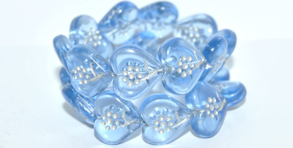 Heart With Simple Flower Pressed Glass Beads, Transparent Blue 54201 (30020 54201), Glass, Czech Republic