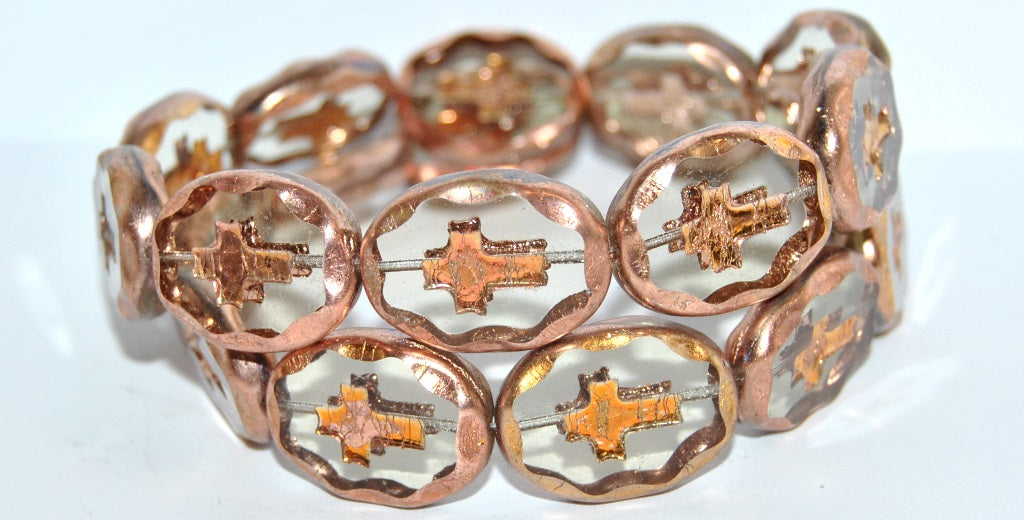 Table Cut Oval Beads With Cross, Gray 27101 2Xside (40010 27101 2Xside), Glass, Czech Republic