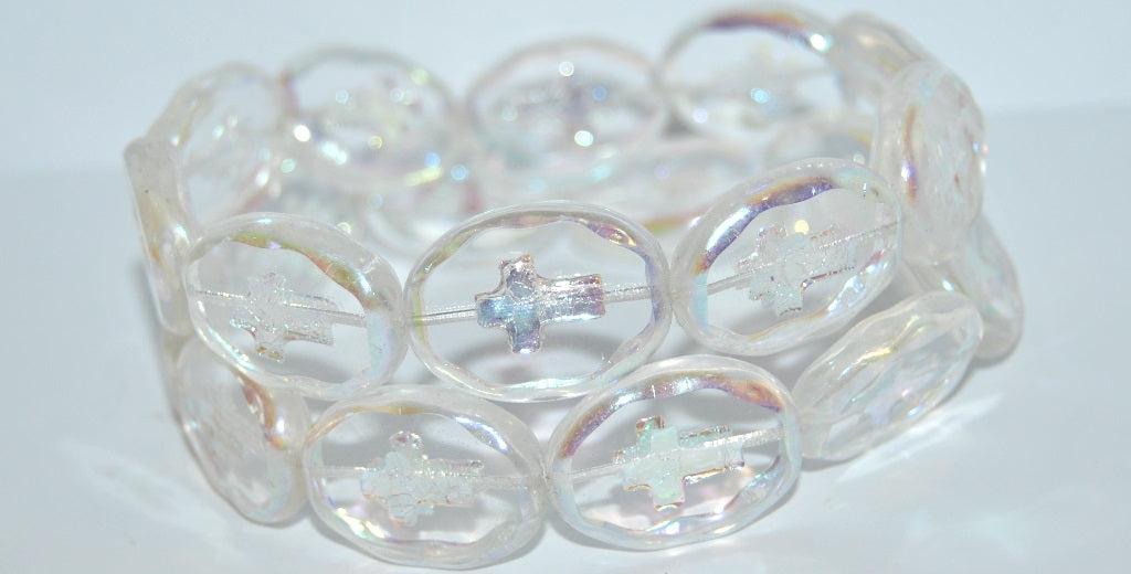 Table Cut Oval Beads With Cross, Crystal Ab 2Xside (30 Ab 2Xside), Glass, Czech Republic