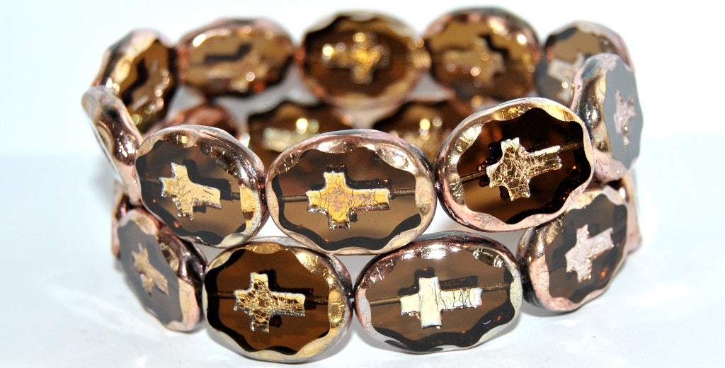 Table Cut Oval Beads With Cross, Transparent Brown 27101 2Xside (10220 27101 2Xside), Glass, Czech Republic