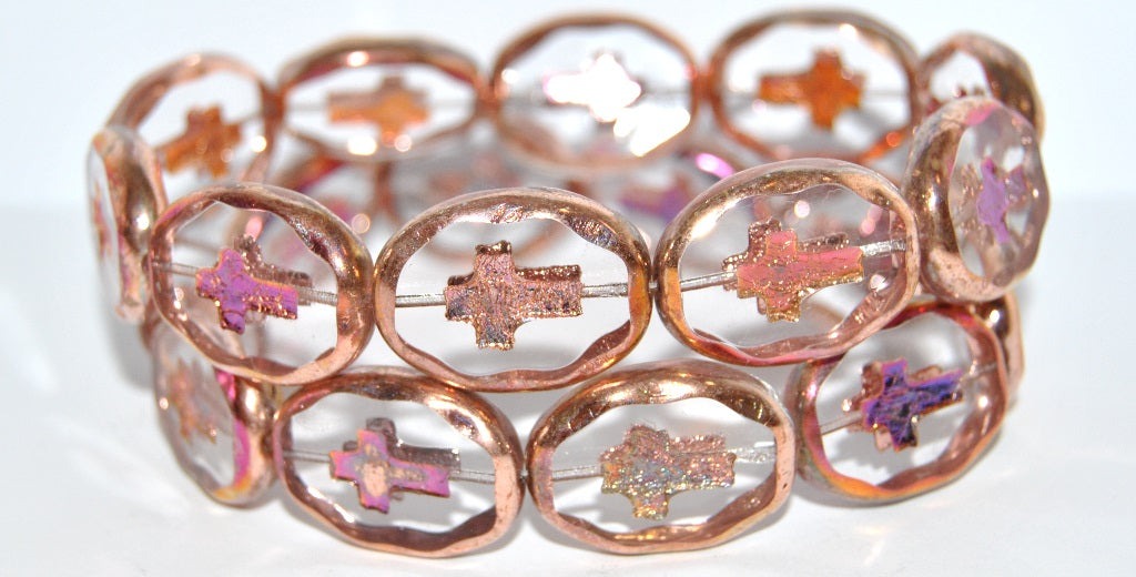 Table Cut Oval Beads With Cross, Transparent Blue 29500 2Xside (30000 29500 2Xside), Glass, Czech Republic