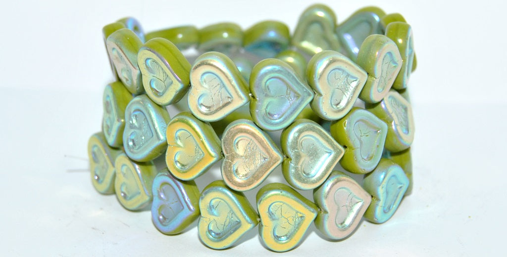 Heart With Heart Pressed Glass Beads, Opaque Green Ab 2Xside (53400 Ab 2Xside), Glass, Czech Republic