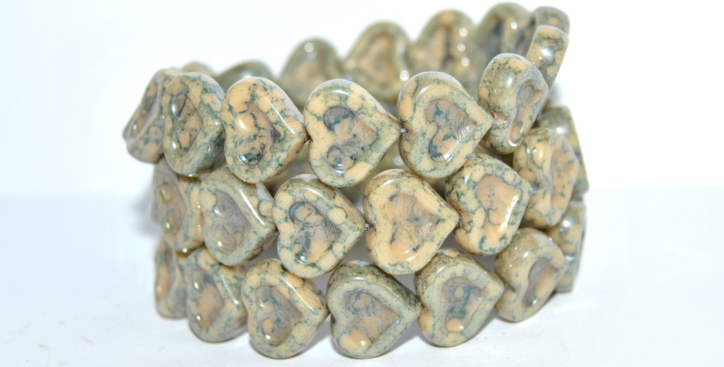 Heart With Heart Pressed Glass Beads, 13010 Terracotta Blue (13010 15464), Glass, Czech Republic