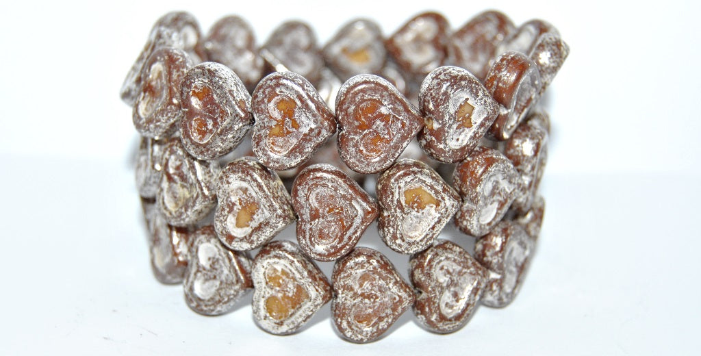 Heart With Heart Pressed Glass Beads, 13010 Terracotta Silver Antiq Silver (13010 15481 Antiq Silver), Glass, Czech Republic
