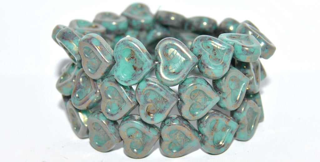 Heart With Heart Pressed Glass Beads, Turquoise Terracotta Red (63130 15495), Glass, Czech Republic
