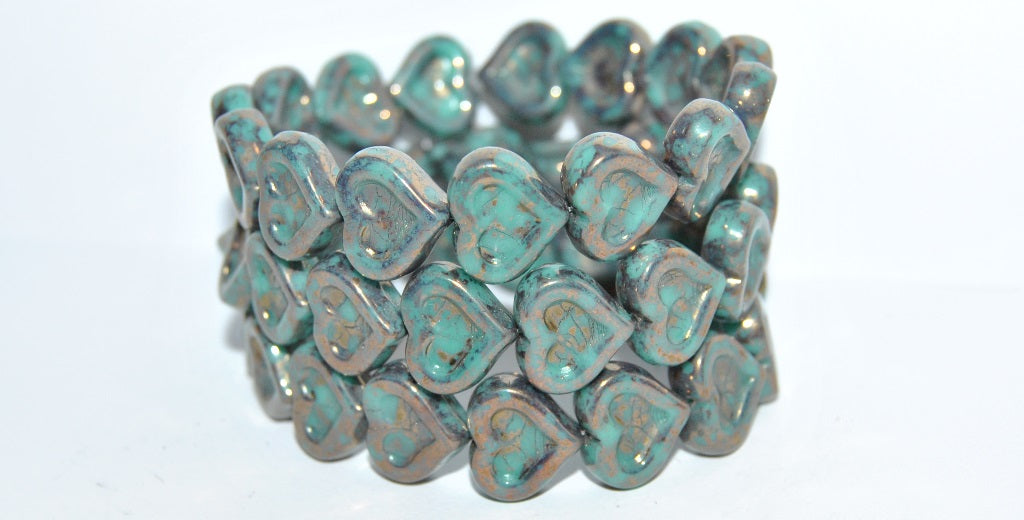 Heart With Heart Pressed Glass Beads, Turquoise Terracotta Violet (63130 15496), Glass, Czech Republic