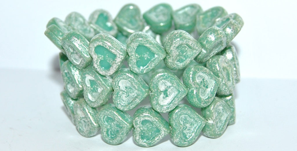 Heart With Heart Pressed Glass Beads, Turquoise Terracotta Silver Antiq Silver (63130 15481 Antiq Silver), Glass, Czech Republic