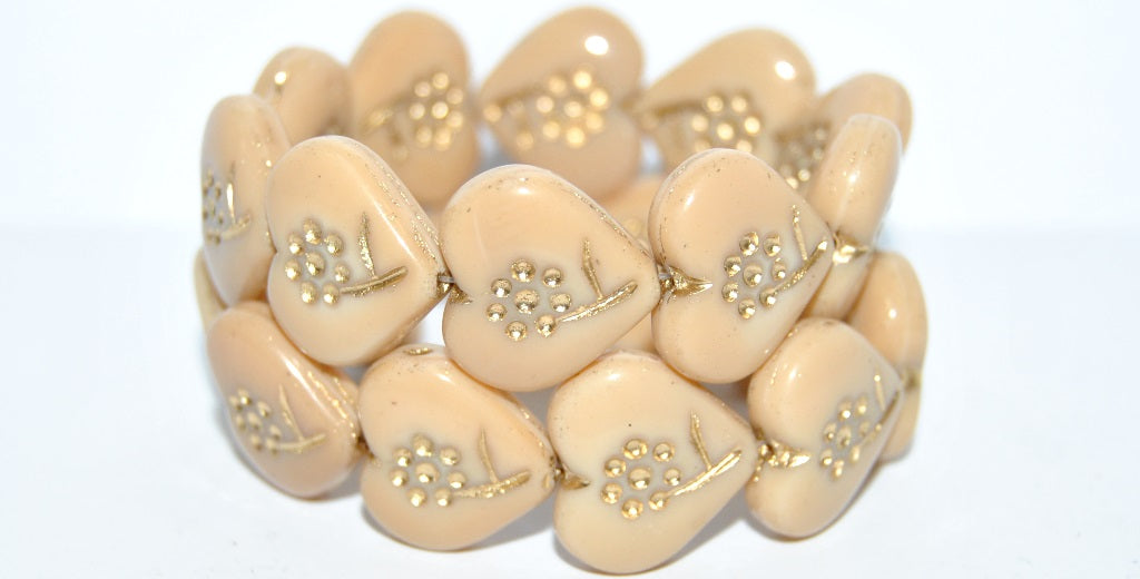 Heart With Simple Flower Pressed Glass Beads, Beige 54202 (13020 54202), Glass, Czech Republic